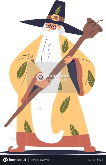 Old sorcerer man with magic staff stick wearing wizard costume  Illustration