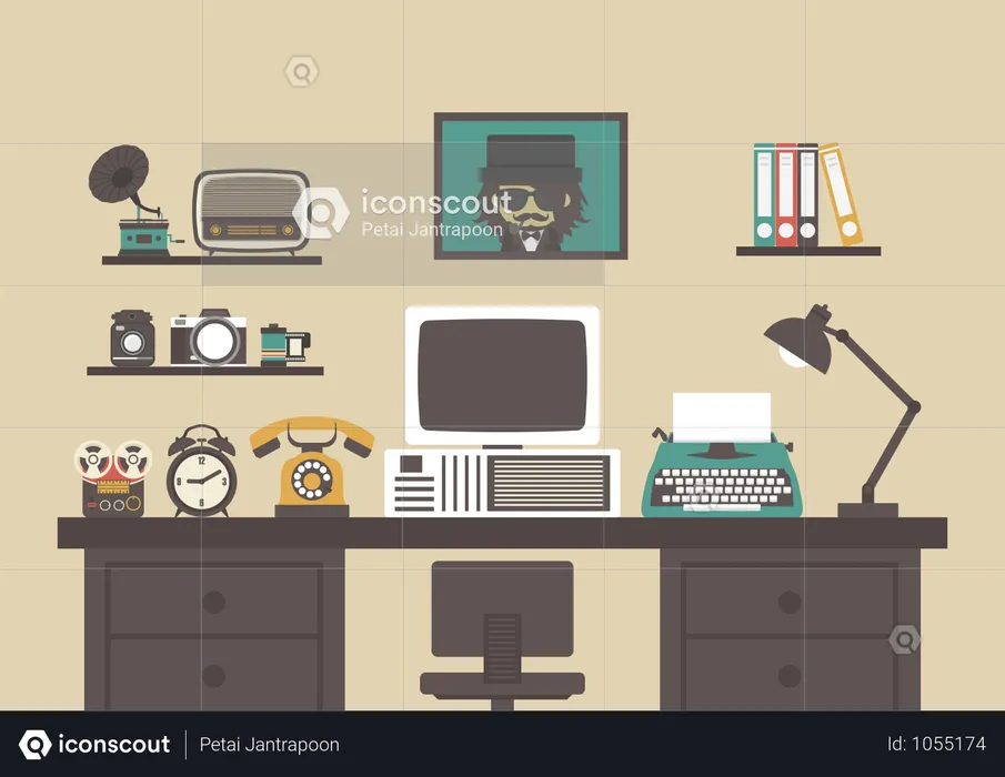 Old Style Working Room With Old Equipment , Retro Workspace  Illustration