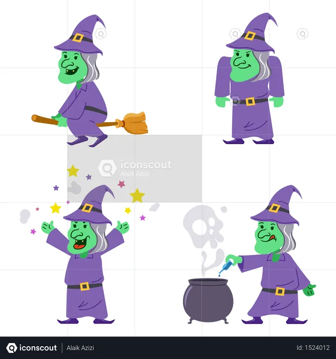Old Witch Flat Character Collection Set  Illustration