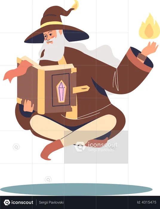 Old wizard sorcerer read spell book levitating  Illustration