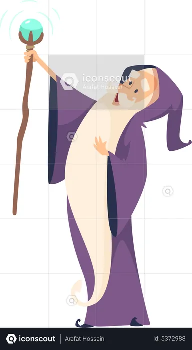 Old wizard sorcerer with magic staff wearing magician robe  Illustration