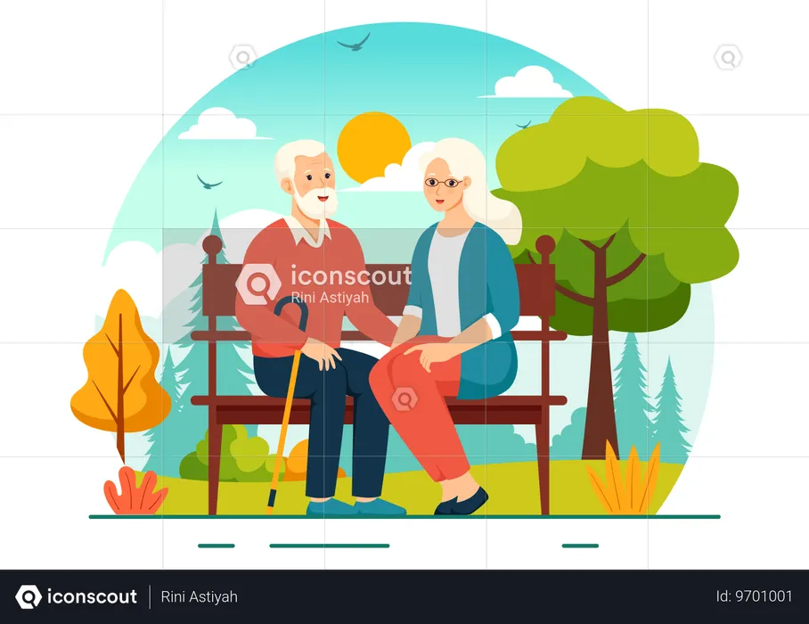 Old woman and man sitting in park  Illustration