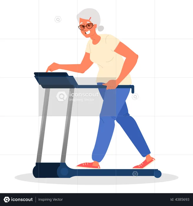 Old woman doing workout on treadmill  Illustration
