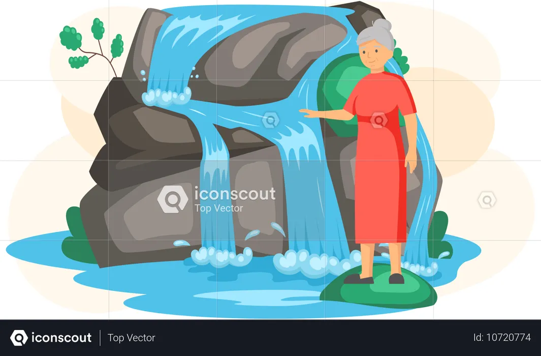 Old woman enjoying waterfall in mountains  Illustration