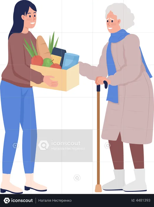 Old woman expressing thankfulness to volunteer  Illustration