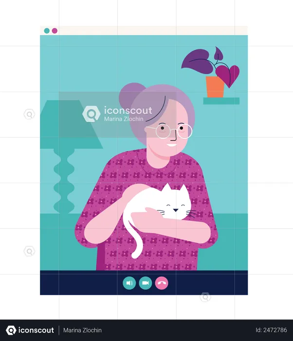 Old woman holding cat in her hand and chatting on video call  Illustration