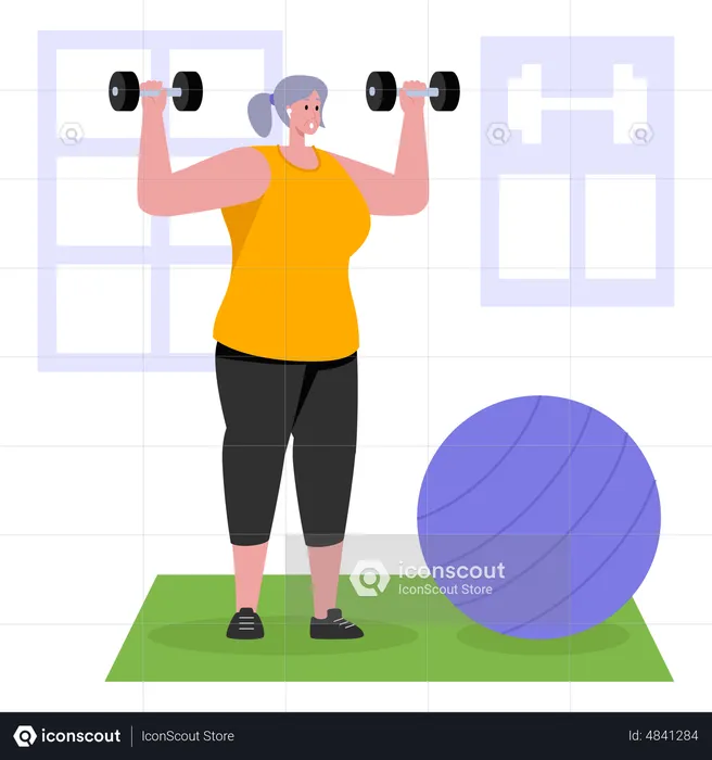 Old woman lifting dumbbells while working out  Illustration