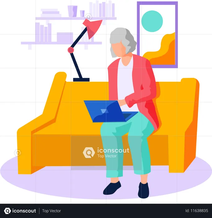 Old woman looking for information surfing internet  Illustration