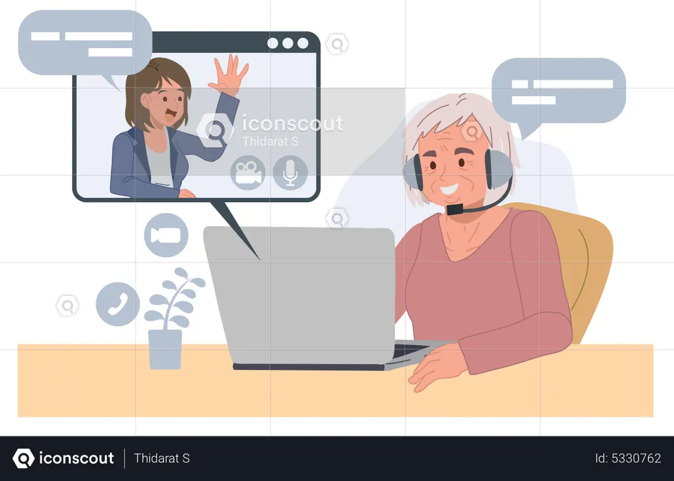 Old woman making video call with grown up daughter  Illustration