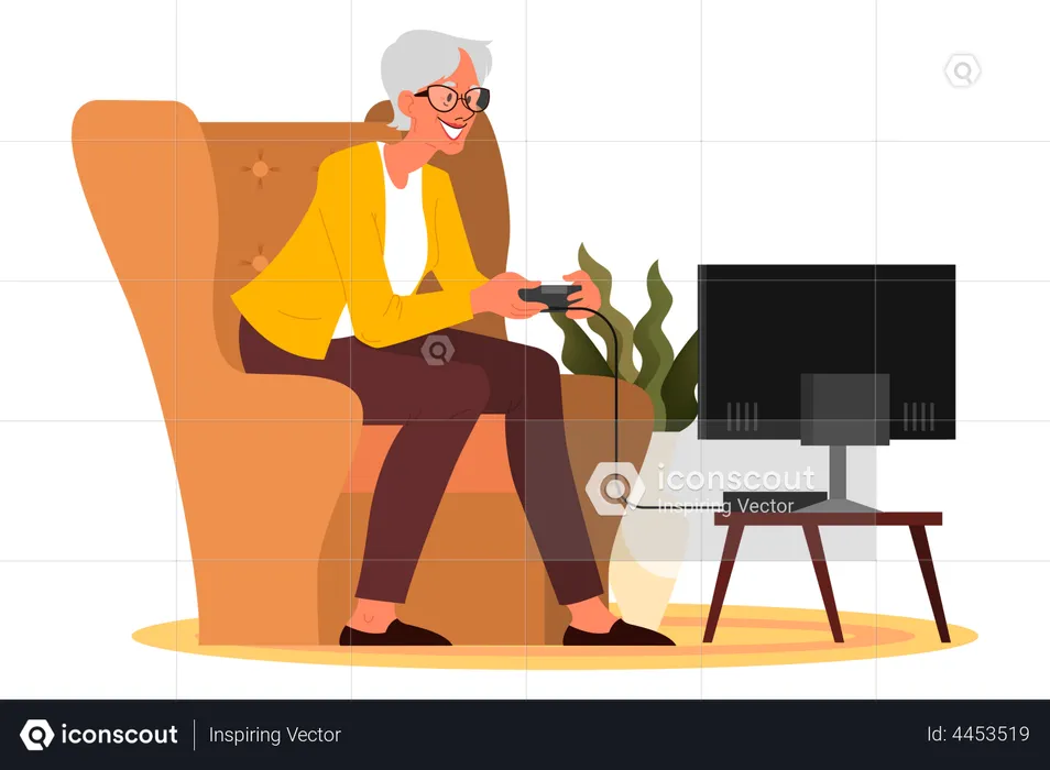 Old woman playing video games  Illustration