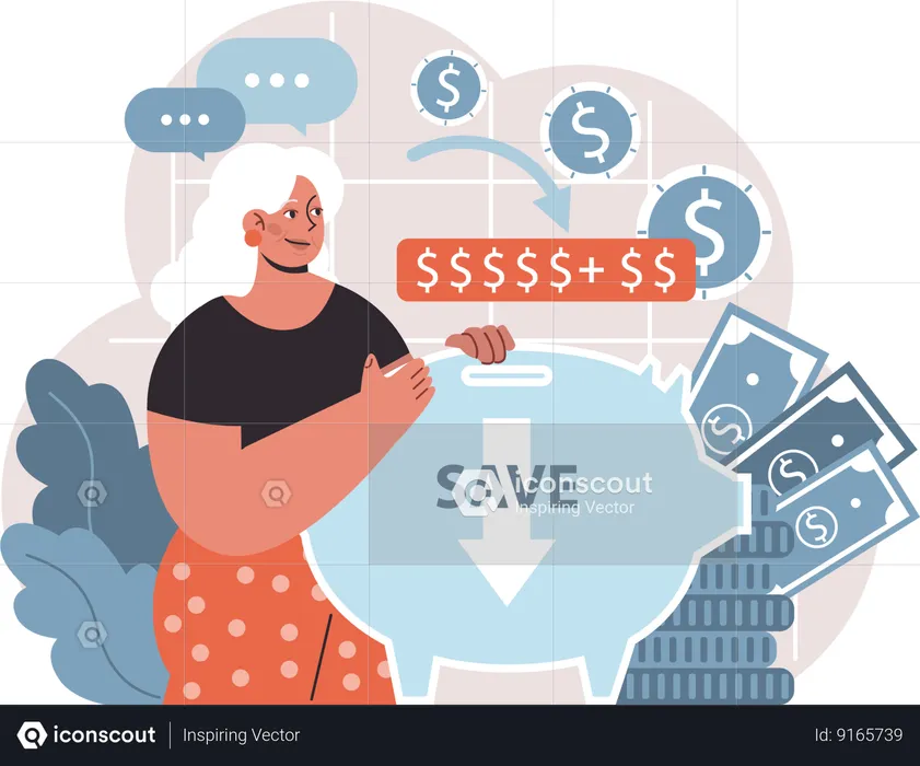 Old woman savings pension money in piggy bank  Illustration