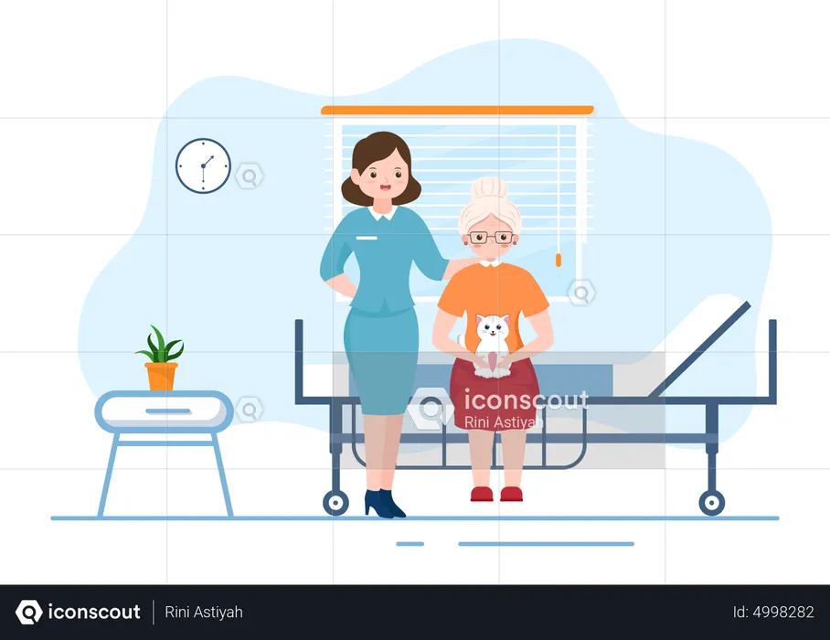 Old Woman Seating On Bed and nurse taking care  Illustration