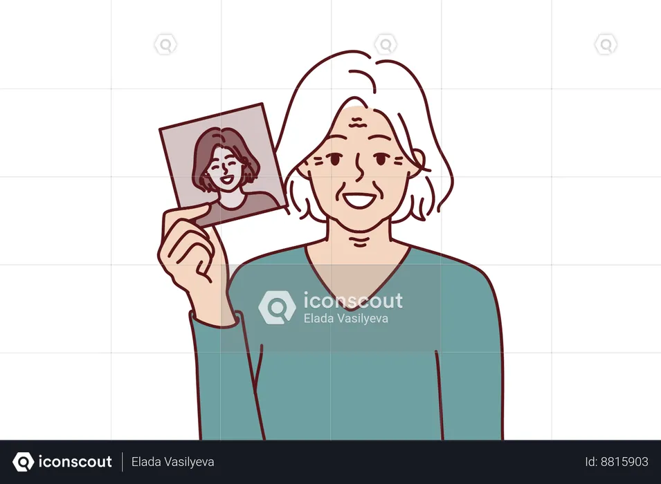 Old woman sees her adult aged photo  Illustration