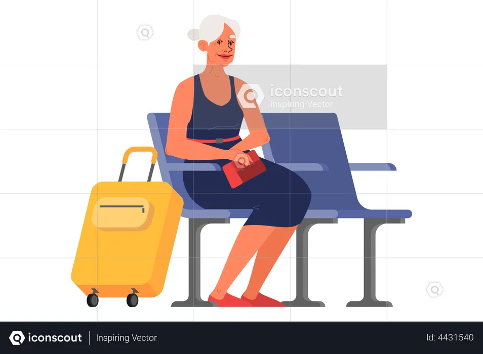 Old woman sitting at airport waiting terminal  Illustration
