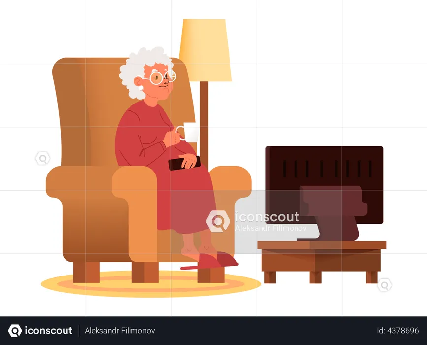 Old woman sitting in armchair with coffee cup and watching TV  Illustration