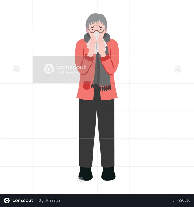 Old Woman Sneezing With Runny Nose  Illustration