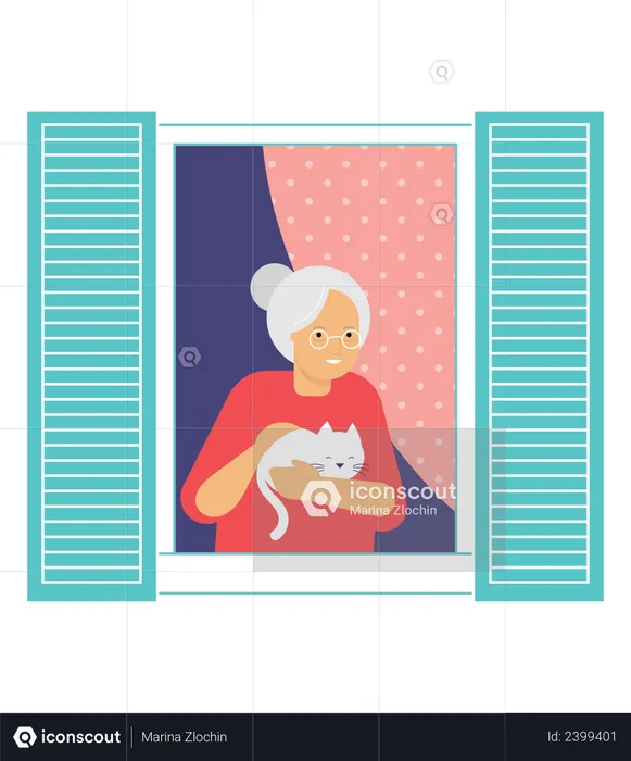 Old woman standing in window with her cat  Illustration
