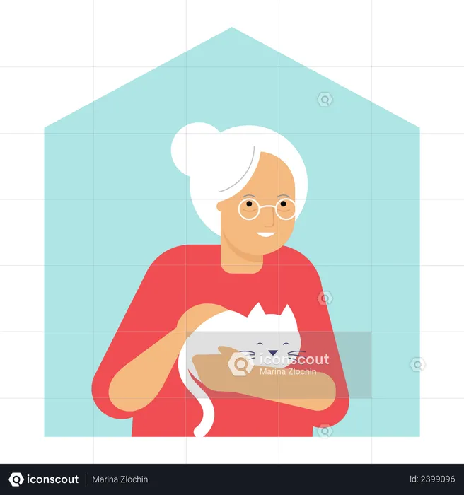 Old woman standing in window with her cat  Illustration