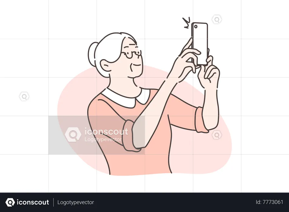 Old woman taking photo using mobile  Illustration