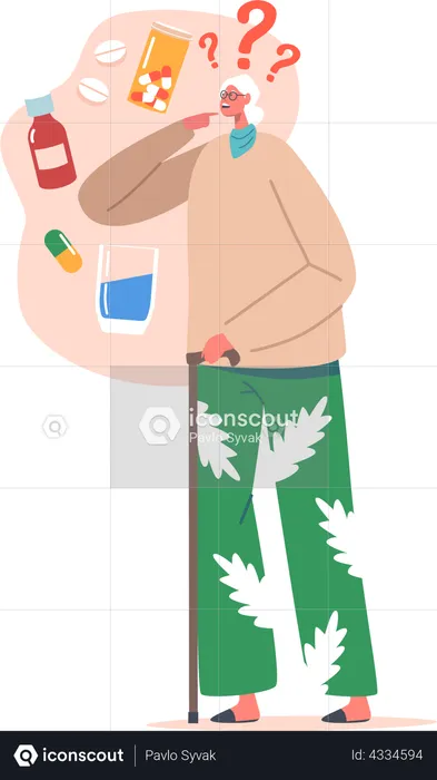 Old woman trying to remember medicines  Illustration