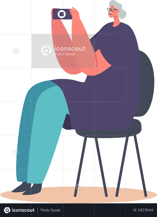 Old Woman Use Mobile Phone Sitting on Chair  Illustration