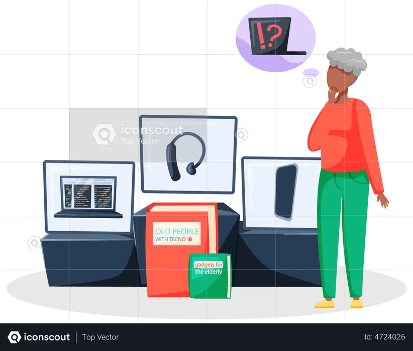 Old Woman using gadgets and technology  Illustration