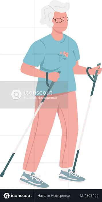 Old woman using poles in trail running races  Illustration