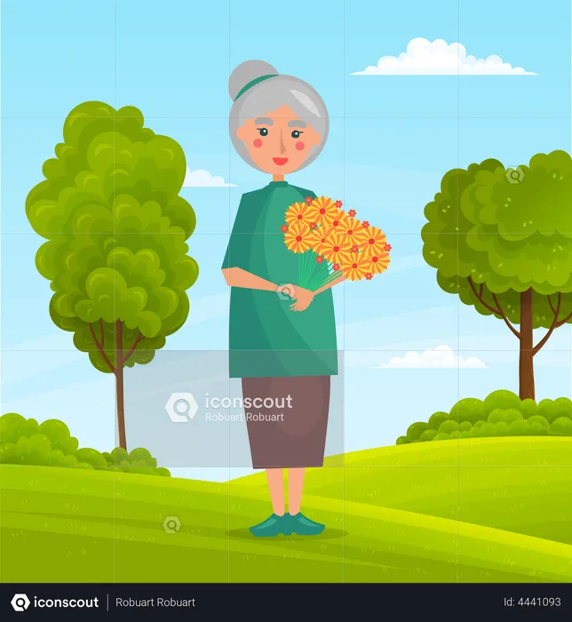 Old woman with flowers in hands  Illustration