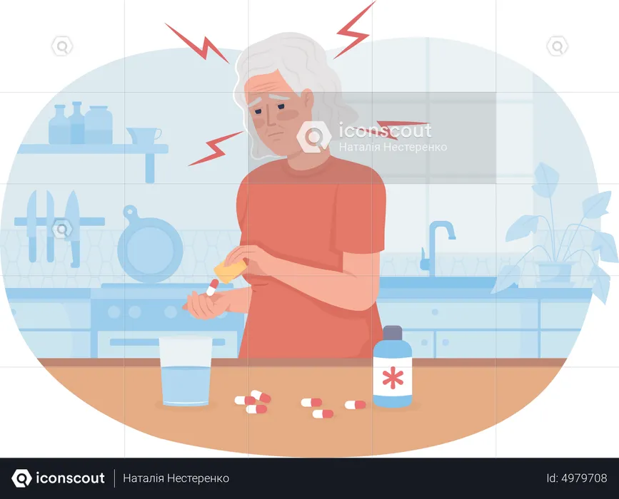 Old woman with migraine taking medication  Illustration