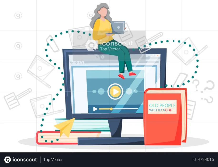 Old woman working on computer at home  Illustration