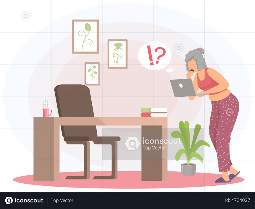 Old woman working on laptop  Illustration