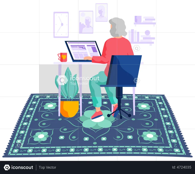 Old woman working on laptop  Illustration
