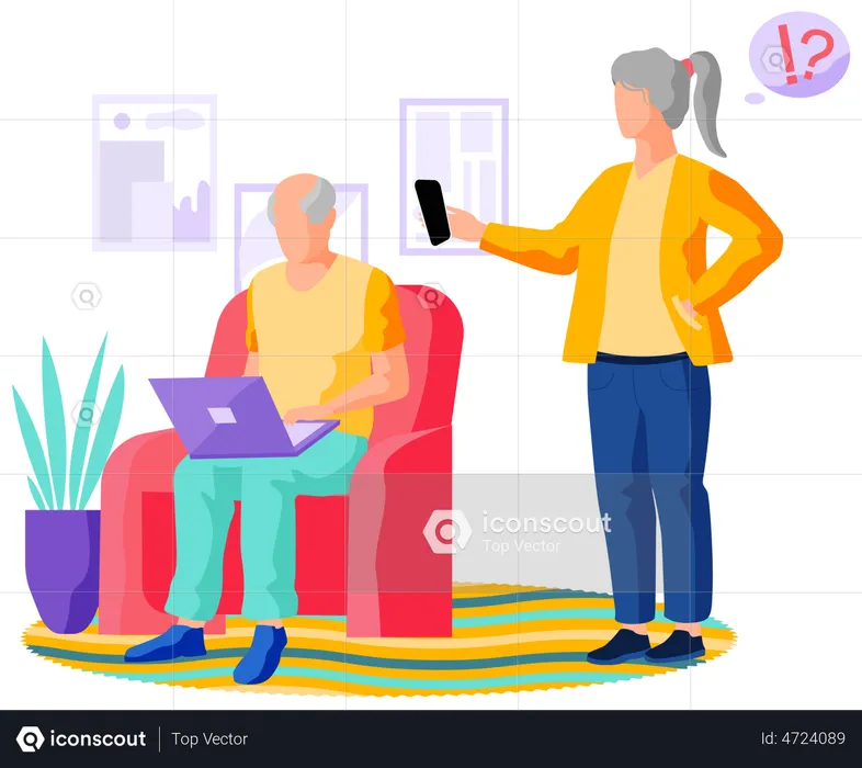 Old woman working on laptop and aged man chatting on video call  Illustration