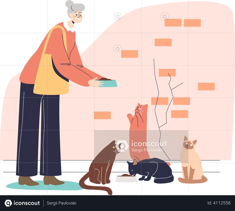 Older granny holding plate giving food for cats  Illustration