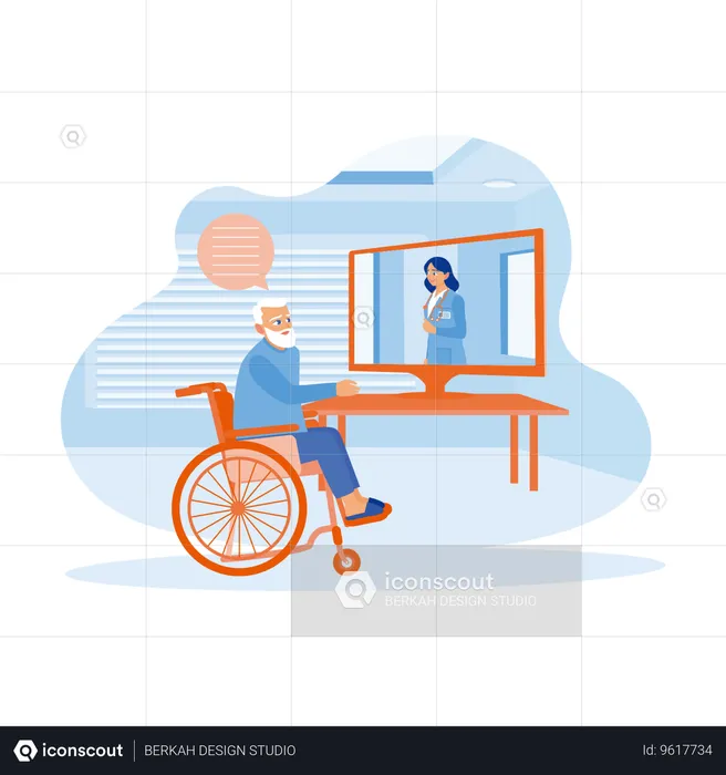 Older Man In  Wheelchair Making Video Call On Laptop  Illustration