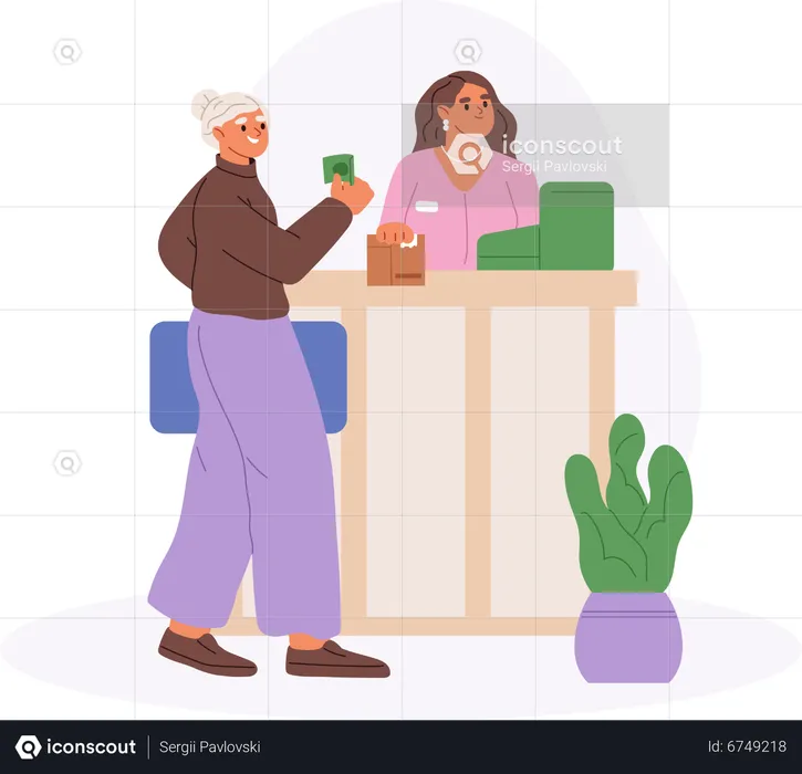 Older woman at post office paying bills  Illustration