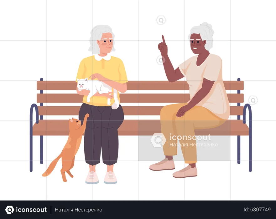 Older women talking and playing with cats  Illustration
