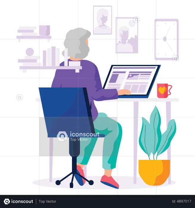 Oldster education on computer  Illustration
