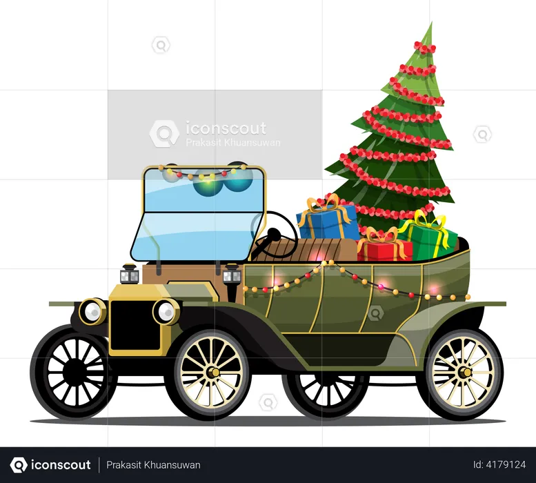 Oldtimer mit Weihnachtsbaum  Illustration