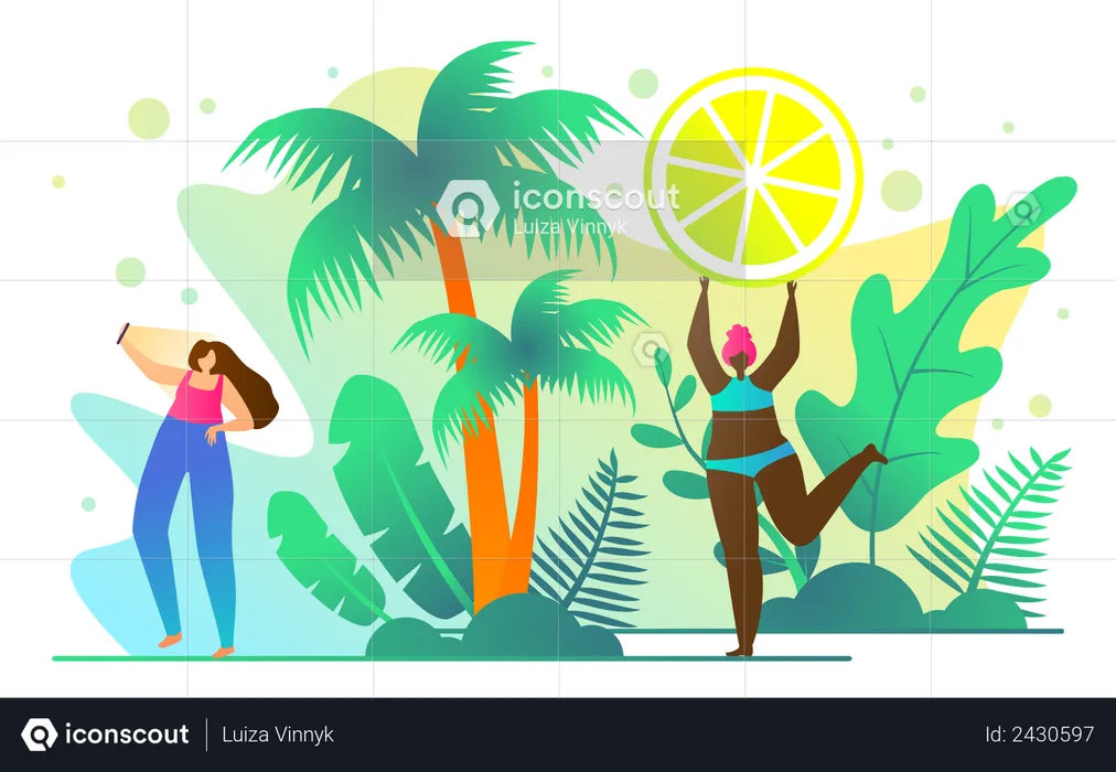 One girl taking selfie while other one enjoying summer break  Illustration