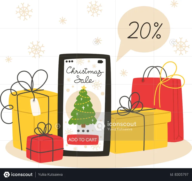 Online Christmas shopping using a smartphone  Illustration