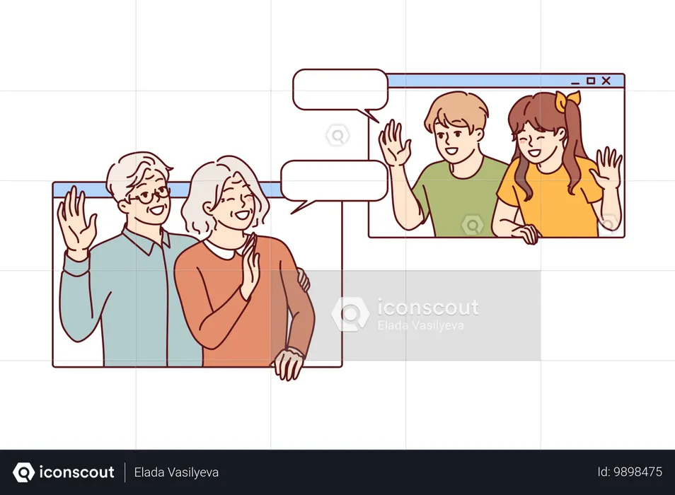 디지털 영상 통화를 통해 손자들에게 손을 흔드는 조부모님을 위한 온라인 커뮤니케이션  일러스트레이션
