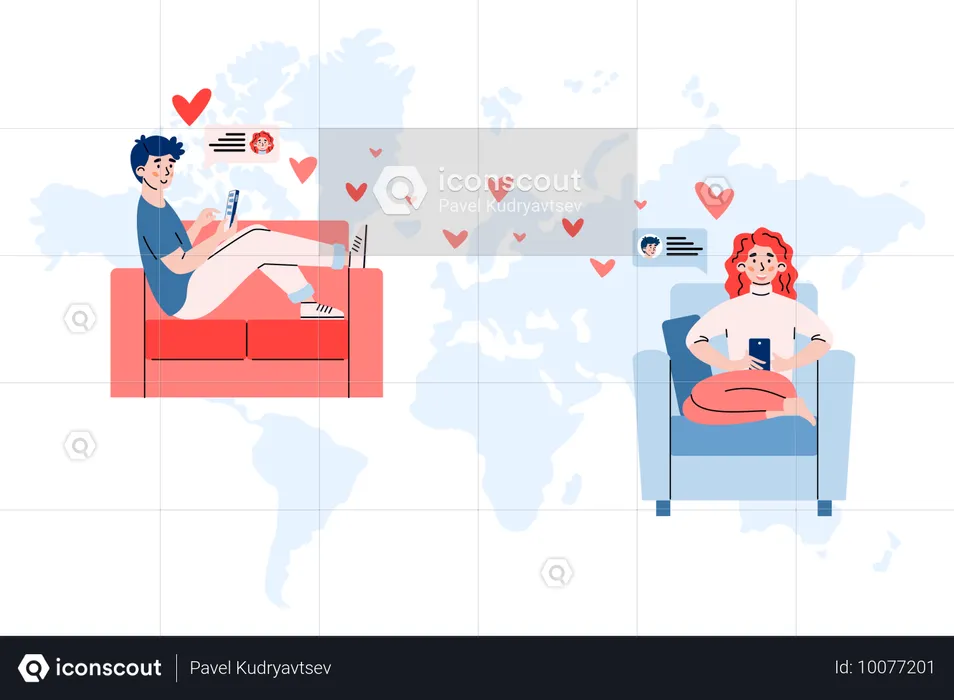 Online dating and love distance relationship via internet.  Illustration