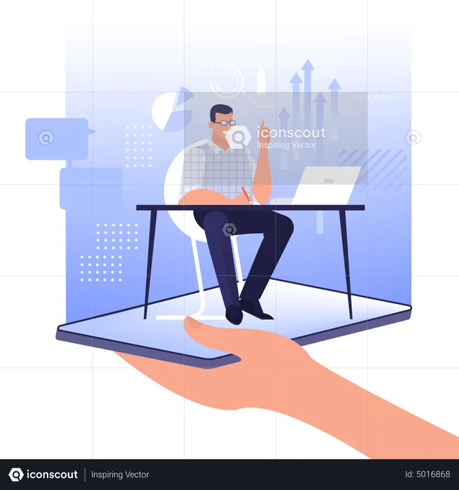 Online expert concept. Assistant sitting at the desk.  Illustration