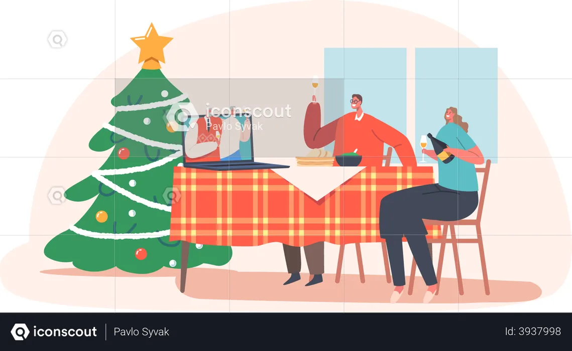 Online Family Celebrate Christmas  Illustration