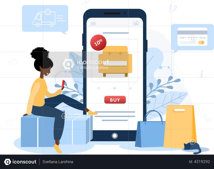 Online furniture shopping by woman  Illustration