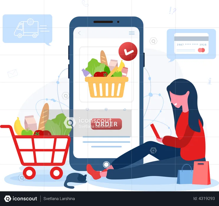 Online grocery shopping by woman  Illustration