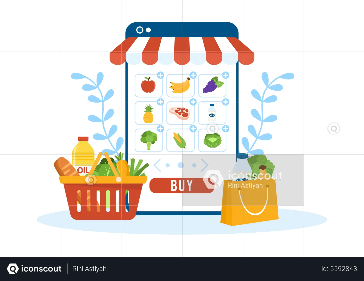 Best Online Grocery store app Illustration download in PNG & Vector format