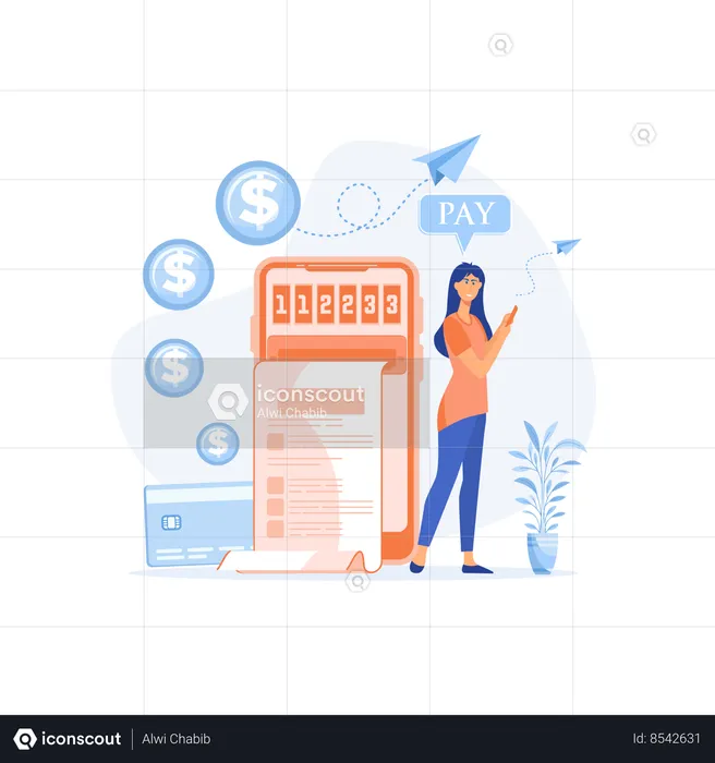 Online payment . Digital bill. young lady pay bill using smart phone.  Illustration