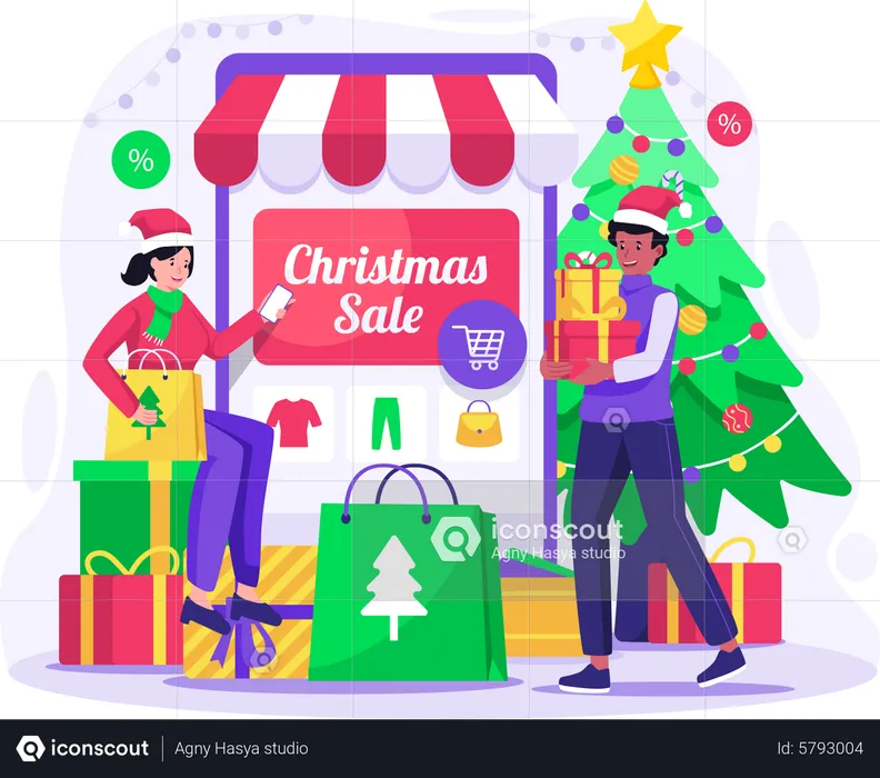 Online Shopping and Christmas Sale  Illustration